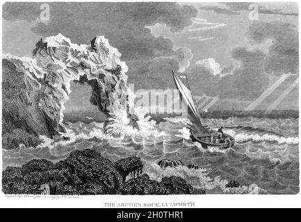 Gravure de la roche arquée (Durdle Door), Lulworth, Dorsetshire UK numérisée à haute résolution à partir d'un livre imprimé en 1812. Cru libre de droit d'auteur. Banque D'Images