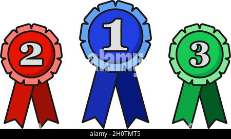 Première place deuxième place et troisième place rosette prix rubans dans bleu rouge et vert ensemble de vecteur Illustration de Vecteur
