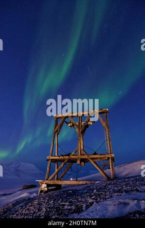 Saison sombre sur Svalbard.Nuit polaire et aurores boréales.Pylône en bois d'un ancien tramway aérien pour transporter le charbon.Löhren, Spitsbergen Banque D'Images