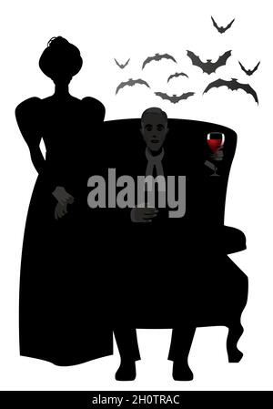 Une silhouette de couple habillée dans le style du XIXe siècle.Femme debout et homme assis dans un fauteuil tenant un verre de vin et un groupe de chauves-souris dans le Illustration de Vecteur