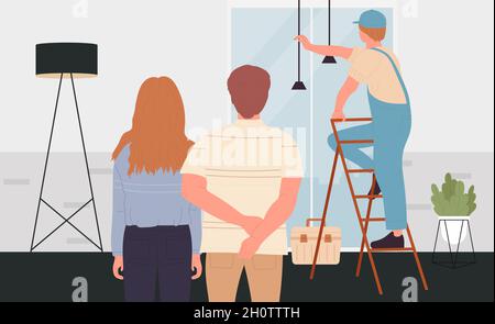 Service de maintenance de réparation d'électricien pour les familles illustrations vectorielles.Homme de technicien de dessin animé avec boîte à outils de fixation de l'équipement d'éclairage électrique pour le salon intérieur des personnages de couple Illustration de Vecteur