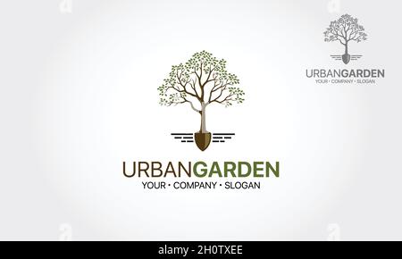 Modèle de logo vectoriel pour pelle pour arbre de jardin urbain.Un logo naturel qui peut être utilisé pour l'aménagement paysager, le jardinage, le jardinage d'intérieur, l'agriculture,etc Illustration de Vecteur
