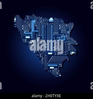 Carte de contour de Bosnie-Herzégovine avec un circuit électronique technologique. Illustration de Vecteur