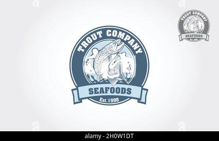 Logo de fruits de mer avec emblème de saumon.Vector vintage Fish pour votre logo.Il est bon pour la ferme de truites, le club de pêche, ou le restaurant de fruits de mer. Illustration de Vecteur