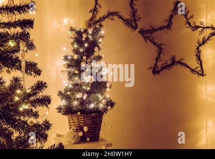 Joli sapin de Noël en pot décoré de micro-lumières à DEL en fil de fer et de petits pompons de boules décoratives blanches ou guirlande de boules en feutre à l'intérieur la nuit. Banque D'Images