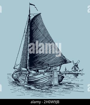 Barge hollandaise sur la rivière en face du moulin à vent, sur fond bleu-vert pâle Illustration de Vecteur