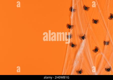 Toile d'araignée et araignées en plastique sur le côté de l'arrière-plan orange d'Halloween avec espace de copie Banque D'Images