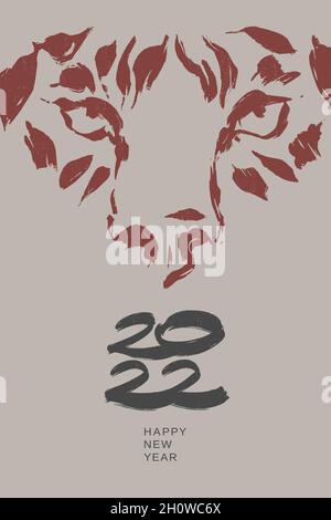 Visage tigre à l'encre dessiné à la main.Carte de vœux avec symbole chinois nouvel an 2022. Illustration de Vecteur