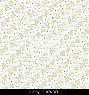 Motif sans couture avec points roses et fleurs vertes sur fond blanc. Banque D'Images
