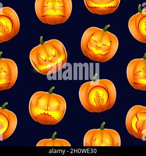 Motif Halloween sans coutures.Citrouilles aux muzzles sculptées effrayantes.Style réaliste sur fond noir.Vecteur. Illustration de Vecteur