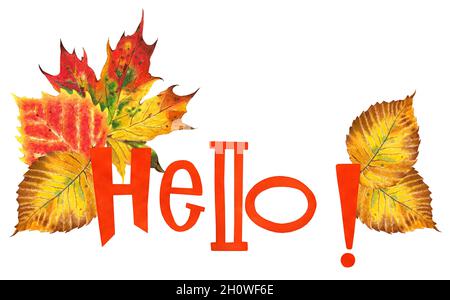 Texte orange BONJOUR avec feuilles d'automne.Feuilles d'érable, de chêne, d'orme et de bouleau.Illustration de l'automne.Isolé sur fond blanc.Dessiné à la main. Banque D'Images