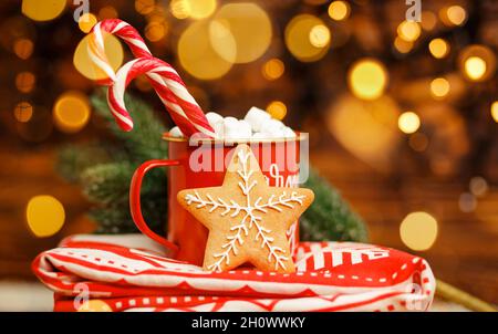 Tasse au chocolat chaud maison et biscuit au pain d'épice sur couverture de Noël Banque D'Images