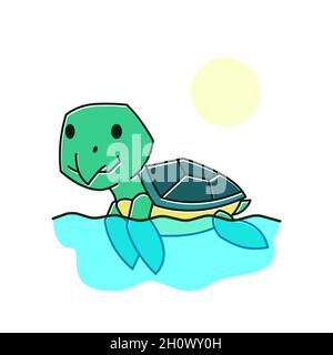 Tortue drôle Tortue natation Mer exotique Reptile Cartoon Illustration de Vecteur