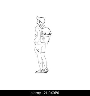 Vue arrière d'un jeune homme voyageur portant une casquette avec sac à dos debout seul illustration vecteur isolé sur fond blanc art de ligne Illustration de Vecteur