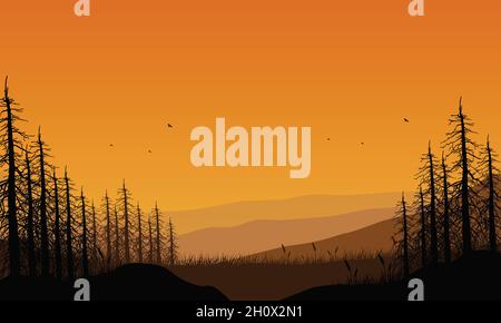 Vue sur les montagnes avec des silhouettes fantastiques de pins au crépuscule depuis le bord de la ville.Illustration vectorielle Illustration de Vecteur