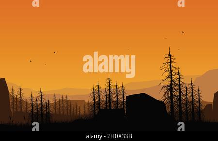 Vue fantastique sur les montagnes avec la silhouette des pins du village au crépuscule.Illustration vectorielle Illustration de Vecteur