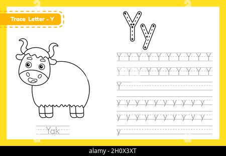 Tracer la lettre y en majuscules et en minuscules.Feuille de travail préscolaire de pratique de traçage d'alphabet pour les enfants apprenant l'anglais avec mignon animal de dessin animé.Colorier Illustration de Vecteur