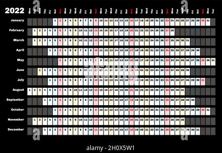 Calendrier linéaire noir 2022 avec codage couleur des jours et des mois. Illustration de Vecteur