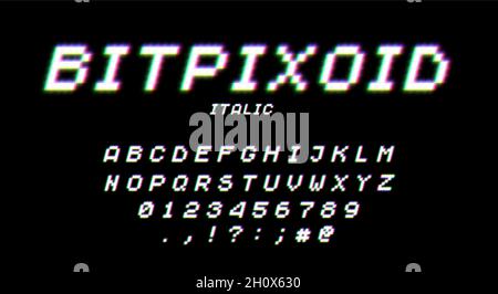 Style rétro des années 80 avec lueur néon.Jeu vidéo pixel police 8 bits.Jeu de caractères latins majuscules, chiffres et signes de ponctuation de style rétro Illustration de Vecteur