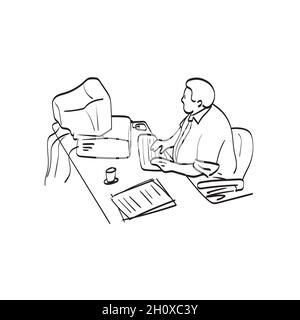 line art fat homme d'affaires travaillant sur l'ancien ordinateur personnel illustration vecteur isolé sur fond blanc Illustration de Vecteur