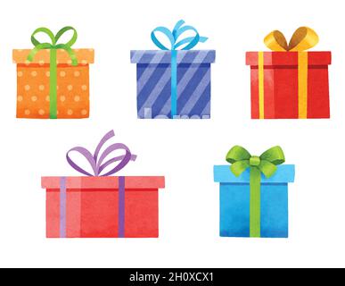 Ensemble de boîtes cadeaux isolées sur blanc.Ensemble aquarelle de noël et du nouvel an avec boîtes-cadeaux. Illustration de Vecteur