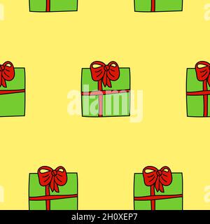 Boîte verte avec un cadeau attaché avec un ruban rouge, sans couture motif Doodle childish illustration vectorielle Illustration de Vecteur