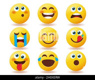 Ensemble de vecteurs d'émoticônes emoji.Émoticônes caractère heureux, penser et pleurer isolés dans fond blanc pour la collection de caractères de visage jaune d'emoji. Illustration de Vecteur