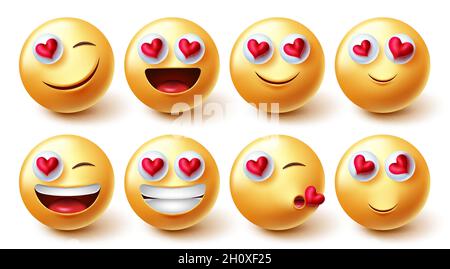 Ensemble de vecteurs de caractères de valentins emojis.Personnage emoji en 3d avec des expressions de l'amour et du visage heureux pour les visages d'émoticônes de Saint-Valentin. Illustration de Vecteur