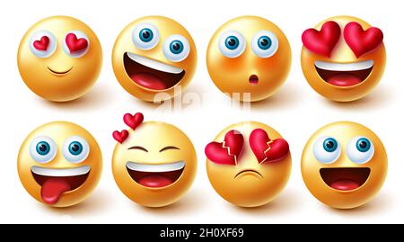 Emojis dans l'ensemble de vecteur amour.des personnages en 3d avec des coeurs dans l'expression de visage souriant et rougissant pour des émoticônes adorables de saint-valentin. Illustration de Vecteur