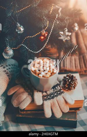 Noël encore la vie - sous un arbre de Noël décoré de jouets il y a une pile de livres, des chandails chauds et des vêtements d'hiver, et sur les livres là Banque D'Images