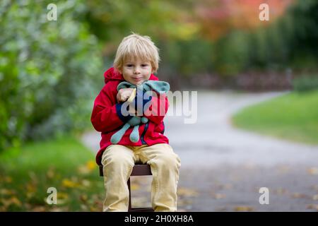 Petit enfant, garçon, jouant avec le jouet tricoté de chien amigurumi dans le parc d'automne, l'heure de l'automne Banque D'Images