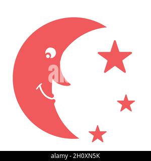Lune avec le sourire et étoiles dans le ciel rouge plate icône.Illustration vectorielle Illustration de Vecteur