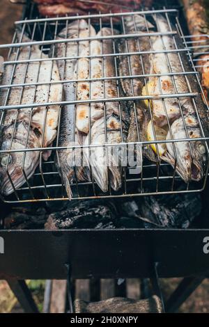 Plusieurs carcasses de bar de mer sur une grille grillade griller sur un feu ouvert friture dans le sel - poisson barbecue Banque D'Images