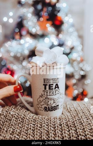 Main femelle tenant une tasse avec blanc guimauve doux sur des lumières floues arrière-plan bokeh.Noël ambiance chaleureuse.Détails de la nouvelle année Banque D'Images