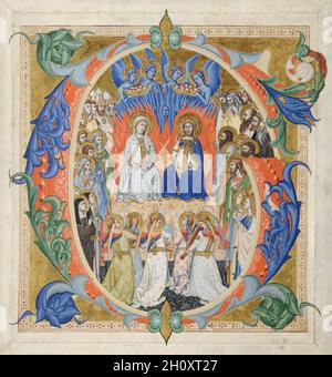 G initial [audeamus omnes] d'un graduel: La Cour du ciel, 1371-77.Don Silvestro dei Gherarducci (italien, 1339-1399).Encre, tempera et or sur vélin; feuille: 38.6 x 36.5 cm (15 3/16 x 14 3/8 po.); encadrée: 68.9 x 53 cm (27 1/8 x 20 7/8 po.); avec un dessus: 63.5 x 47.6 cm (25 x 18 3/4 po.).Ce G initial élégant et coloré vient d'un ensemble de livres choraux multiples illuminés par Don Silvestro, un moine camaldolais, pour son monastère de Santa Maria degli Angeli à Florence.Dans le livre original, cette première aurait introduit le texte: Gaudeamus omnes in Domino ("soyons ici pour nous réjouir dans le Lo Banque D'Images