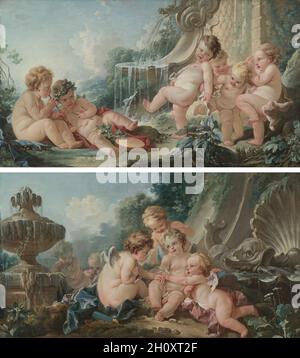 Musique et danse et Cupids en conspiration , 1740s.François Boucher (français, 1703-1770).Huile sur toile; encadré: 77.5 x 131.5 x 6 cm (30 1/2 x 51 3/4 x 2 3/8 in.); non encadré: 69 x 123 cm (27 3/16 x 48 7/16 in.).Avec Cupids in Conspiracy (1948.181.2), ce travail fait certainement partie d'une série de peintures sur-porte qui auraient été installées dans une maison.Cependant, l'endroit où les panneaux ont été installés à l'origine ou qui les a commandés reste inconnu.Ils illustrent la fusion des beaux-arts et des arts décoratifs qui était courante dans le design intérieur d'élite de la France du XVIIIe siècle.Même si la peinture Banque D'Images