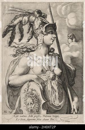 Trois Déesses : trois Déesses, c.1595. Jan Saenredam (néerlandais, 1565-1607), après Hendrick Goltzius (néerlandais, 1558-1617).Gravure; Goltzius popularisa un style de gravure avec des motifs hypnotisants de courbure, de tapisseries, et de lignes de crossing; il a été particulièrement apprécié à la fin du 1500s.Conçues pour que son élève Saenredam puisse graver, ces gravures représentent les trois déesses de l'histoire du jugement de Paris, dans laquelle chacune revendique la pomme dorée décernée à la plus belle.Jupiter a reporté le jugement à Paris, un mortel estimé pour son impartialité.Juno et Athena ont essayé de brib Banque D'Images