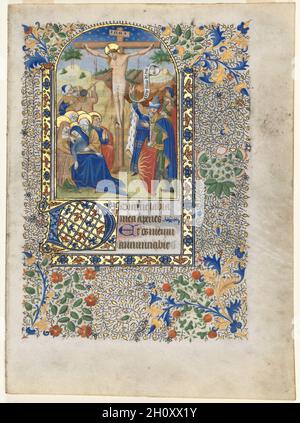 Bifolio d'un livre des heures : la Crucifixion (heures de la Croix), c.1435. France (Angers, Nantes ou Poitiers), XVe siècle.Encre, tempera et or sur vélin; feuille : 22 x 16.2 cm (8 11/16 x 6 3/8 po). Banque D'Images