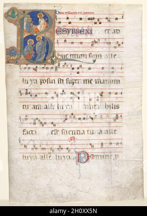 Feuille d'un graduel: Initial (R) avec les trois Marys à la tombe et 'Noli me Tangere', c.1270-1300.Italie.Encre, tempera et or sur vélin; feuille : 55 x 33.5 cm (21 5/8 x 13 3/16 po).Cette feuille chorale introduit l'introit, ou prières d'ouverture, de la messe du dimanche de Pâques. La lettre historiée R commence le texte Resurrexi, et adhuc tecum sum, alléluia (je suis né, et suis toujours avec vous, alléluia).Dans le registre supérieur de l’initiale, l’artiste représente les trois femmes nommées Marie, mentionnées dans les évangiles, qui ont découvert le tombeau vide du Christ.Dans le registre inférieur, une scène connue simplement Banque D'Images