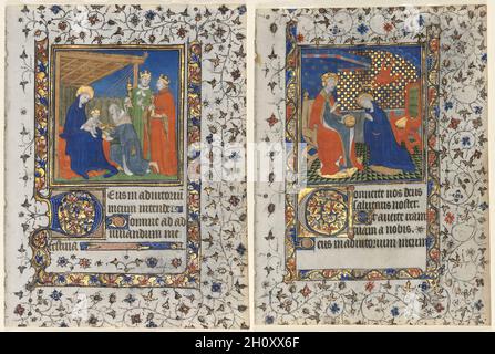 Bifolio d'un livre d'heures : l'Adoration des Mages et couronnement de la Vierge, ch. 1415. Atelier de maître Boucicaut (français, Paris, actif vers 1410-25). Encre, tempera, et d'or sur vélin ; folio : 16,8 x 12,7 cm (6 5/8 x 5 in.). Banque D'Images