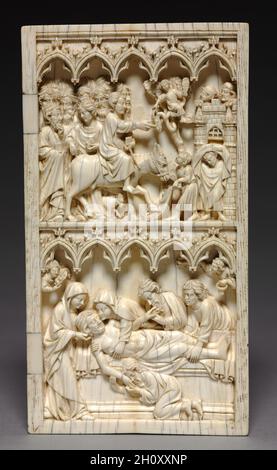 Diptych avec des scènes de la vie du Christ (aile droite: Entrée dans Jérusalem et Entombment), c.1350-1375.Allemagne, Thuringe ou Saxe, XIVe siècle.Ivoire; partie 2 : 20.7 x 11.2 cm (8 1/8 x 4 7/16 po).Les diptychs ivoire (deux panneaux articulés ensemble) ont été utilisés pour la dévotion privée par leurs propriétaires aristocratiques.Les scènes représentées ici sont l’entrée du Christ à Jérusalem, l’élévation de Lazarus, la Crucifixion et l’Entombment du Christ.Ils suggèrent des choix faits par le propriétaire original qui souhaitait contempler ces aspects de la passion du Christ. Banque D'Images