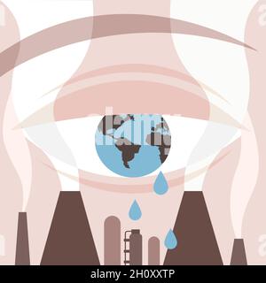 Un œil est conceptualisé alors que la terre de la planète tombe en larmes à cause de la pollution.Illustration conceptuelle du réchauffement climatique Illustration de Vecteur