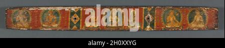 Perfection de la sagesse en huit mille lignes: Ashtasahasrika Prajnaparamita, 1119.Inde, Bihar, monastère de Vikramashila.Tempérament de gomme et encre sur le bois et les feuilles de palmier; total: 6.5 x 57 x 1.5 cm (2 9/16 x 22 7/16 x 9/16 po.).Ce manuscrit se compose de 188 feuilles de palmier conservées entre des couvertures de livre en bois.Il a été commandé comme un cadeau pieux par un moine bouddhiste Mahayana du Népal appelé Aryashrimittra à la célèbre université monastique de Vikramashila dans le nord-est de l'Inde.Le texte sanskrit, fondamental pour le bouddhisme mahayana, discute le concept de vide.les côtés intérieurs du livre couvre un Banque D'Images