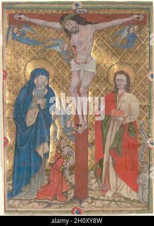 Feuille unique d'un Missel : la Crucifixion, c.1480. Bohême ou Silésie, XVe siècle.Encre, tempera et or sur vélin; feuille : 22.9 x 15.9 cm (9 x 6 1/4 po).En plus de la Vierge et de Saint Jean, cette image comprend un évêque à genoux (probablement le donneur du manuscrit) et un moine charbonniste à genoux le long du bord inférieur droit.Le manuscrit peut avoir été commandé par cet évêque-donateur inconnu et donné à un monastère charhusien avec lequel il avait un lien.Les évêques ont souvent fait don de manuscrits à des fondations ecclésiastiques au Moyen-âge. Banque D'Images