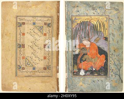 Couplets persans (recto); Sleeping Youth (verso), fin 1500-début 1600.Style de Riza-yi Abbasi (iranien).Encre, or et aquarelle opaque sur papier; image : 21 x 12.4 cm (8 1/4 x 4 7/8 po.); hors tout : 31.6 x 20.4 cm (12 7/16 x 8 1/16 po.); zone de texte : 21 x 12.4 cm (8 1/4 x 4 7/8 po.).Sous Shah Abbas, la tradition dans laquelle la peinture était employée pour illustrer une œuvre littéraire était tout sauf abandonnée.A sa place, une nouvelle préoccupation est venue avec les illustrations d'une seule page, comme celle-ci, qui n'ont pas de contenu ou de signification spécifique.Ils illustrent souvent des albums de collections de versets sur l'amour et le beau Banque D'Images