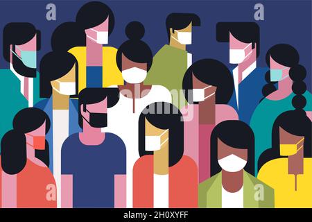 Foule de personnes portant des masques de protection Illustration de Vecteur