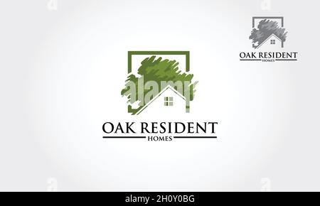 Logo Oak Resident Homes Vector.Modèle de conception de chêne et de maison qui fait à partir d'une simple éraflure. Il est bon pour symboliser une propriété. Illustration de Vecteur