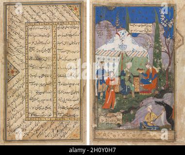 Un épisode de l'histoire du roi sasanien Khusrau et de son Shirin bien-aimé, d'un Khamsa (Quintet) de Nizami (1141–1209) (verso); des versets persans d'un Haft Awrang (sept Thrones) de Jami (d.1492) (recto), 1540-70.Iran, probablement Shiraz, période safavide (1501-1722).Aquarelle opaque, or, argent et encre sur papier; recto verso; feuille: 29.6 x 16.2 cm (11 5/8 x 6 3/8 po.); image: 21 x 13 cm (8 1/4 x 5 1/8 po.).Le Khamsa est un recueil de cinq poèmes narratifs, dont l'un est consacré à la romance de Khusrau Parviz (590-628), roi sasanien d'Iran, et de Shirin, son arménien bien-aimé Banque D'Images