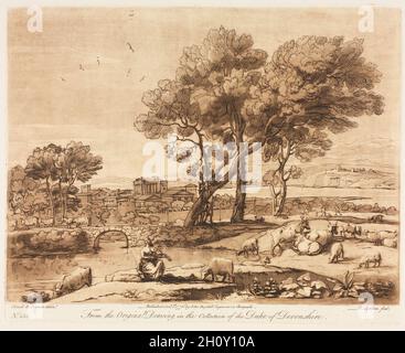 Liber Veritatis: N° 135, Un paysage, avec des bâtiments, le mercure volant le bétail d'Admetuss d'Apollo, 1776.Richard Earlom (britannique, 1743-1822), d'après Claude Lorrain (français, 1604-1682), John Boydell (britannique, 1720-1804).Gravure et mezzotint imprimées en brun; feuille: 29.1 x 43 cm (11 7/16 x 16 15/16 po.); repère plateau: 20.9 x 26 cm (8 1/4 x 10 1/4 po.). Banque D'Images