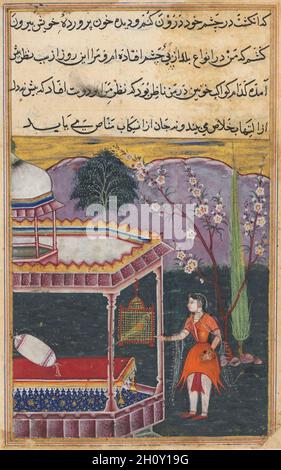 Le Parrot s'adresse à Khujasta au début de la huitième nuit, d'un Tuti-nama (Tales of a Parrot), c.1560. Mughal India, cour d'Akbar (régna de 1556 à 1605).Tempérament de gomme, encre et or sur papier; total: 20.3 x 14 cm (8 x 5 1/2 po.); peinture seulement: 11.4 x 9.8 cm (4 1/2 x 3 7/8 po.).La huitième nuit, le perroquet raconte à Khujasta une histoire, la plus somptueusement illustrée de tous les chapitres du livre, qui a des parallèles importants avec les expériences de l'empereur Akbar lui-même.Le récit global concerne un prince qui a maintenu un vœu de silence malgré son emprisonnement et sa prise pour être exe Banque D'Images